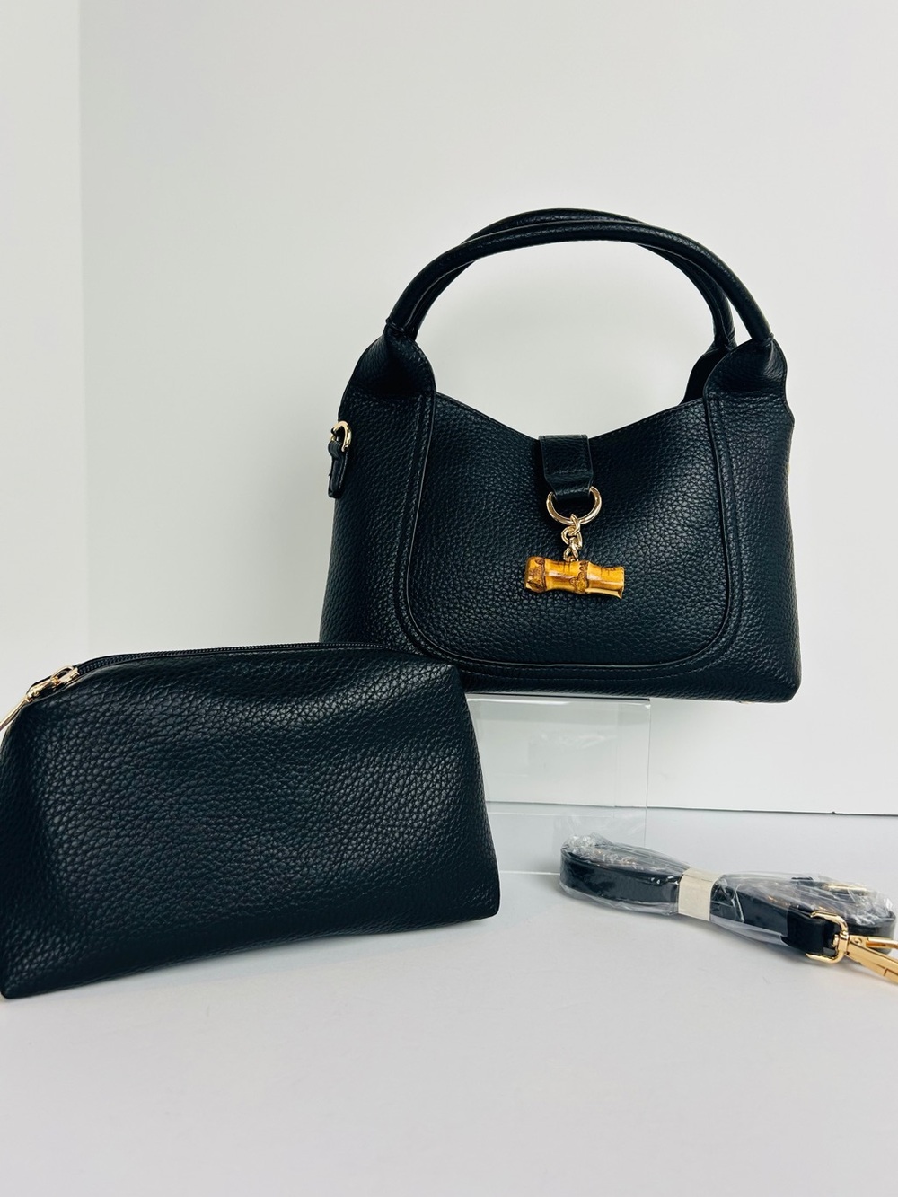 BC Bags Women's Handbag PU Pebbled Black Matching Pouch Adjustable Strap NWT